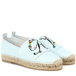 ROGER VIVIER Blooming Rv Embroidered Striped Canvas Espadrilles Blue Size 7